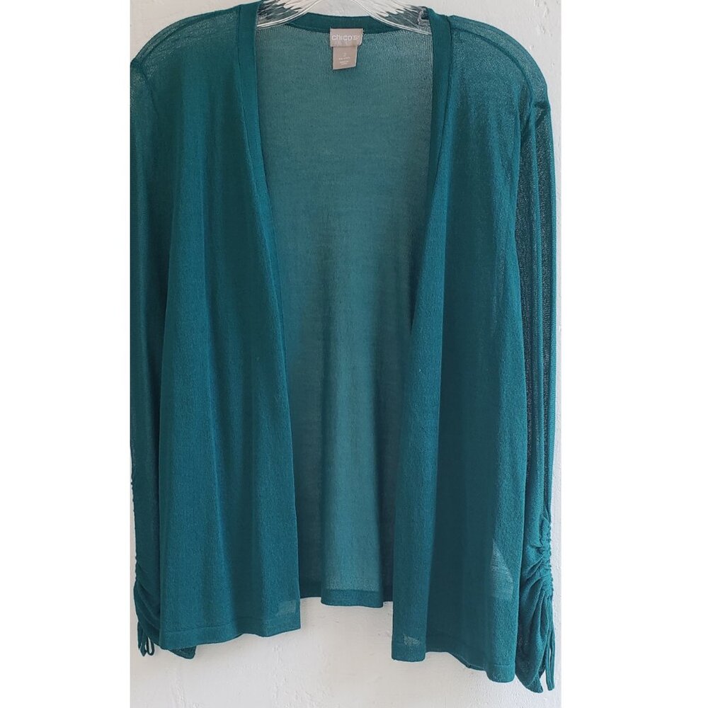 Women's Chico's Green Open Front Cardigan Sweater Shirred Sleeve Sz 2/L